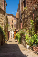 A street of historic stone buildings in the village of Montemerano near Manciano in Grosseto province, Tuscany, Italy
