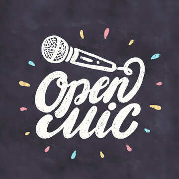 Open Mic. Chalkboard Vector Sign.