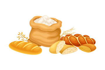 Flour Sack and Sweet Pastry and Bread Loaf Vector Composition