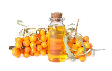 Natural sea buckthorn oil and fresh berries on white background