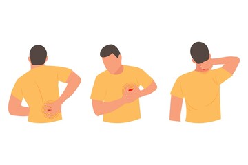 Set of character men with pain in different parts of the body. Backache, heartache, 
pain in the neck. Vector illustration in cartoon style