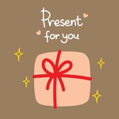 Present card with cute pink package for valentine day. simple vector for kids, celebration cards and invitation