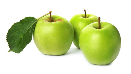 Fresh green apples with leaf isolated on white