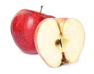 Fresh ripe cut and whole apples isolated on white