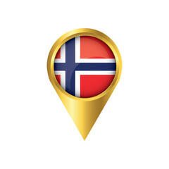 Flag of Norway.symbol check in Norway, golden map pointer with the national flag of Norway in the button. vector illustration.