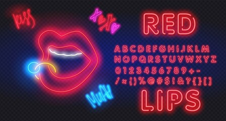 Red neon lips with piercing. Romantic kiss, kissing couple lip bar. Vector set of realistic isolated neon erotic lips sign for decoration and covering on the wall background.