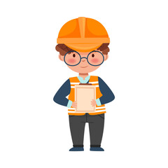 Little Boy Builder Wearing Hard Hat Holding Checklist Vector Illustration
