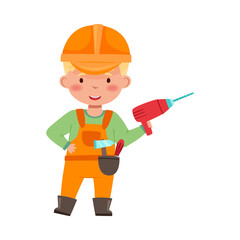 Little Boy Builder Wearing Hard Hat Holding Electric Drill Vector Illustration