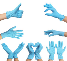 Collage with photos of woman wearing medical gloves on white background, closeup