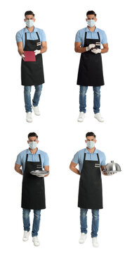 Collage with photos of waiter wearing medical mask on white background. Protective measures during coronavirus outbreak