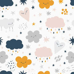 Smiling clouds vector pattern. Cute sky seamless background. Hand drawn illustration for babies, kids.