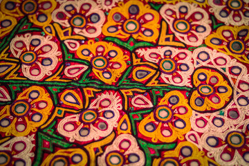 Mirrored embroidery work typical of the Aahir tribe in Gujarat,india,traditional and pattern art embroidery artwork beautiful view, Handmade. Ethnic and tribal motifs.
