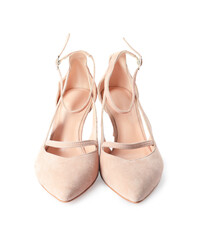 Pair of beautiful shoes on white background