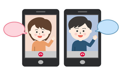 Man and woman having a video call on the cell phone with speech bubbles. Vector illustration isolated on white background.