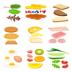 Floating Breakfast Ingredients with Bread Slices, Vegetables and Bacon Vector Set