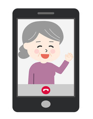 Elderly woman having a video call on the cell phone. Vector illustration isolated on white background.