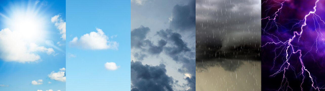 Photos of sky during different weather, collage. Banner design
