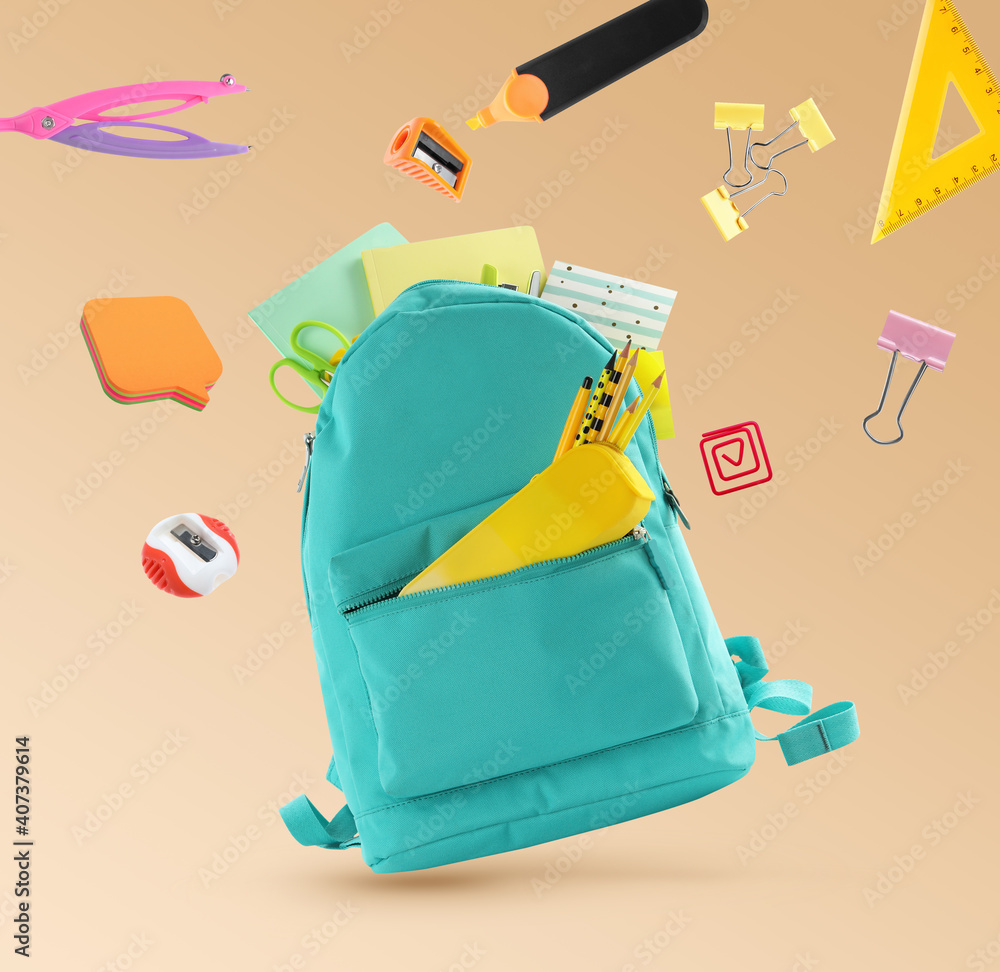 Sticker Backpack surrounded by flying school stationery on pale orange background