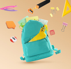 Fototapeta Backpack surrounded by flying school stationery on pale orange background obraz