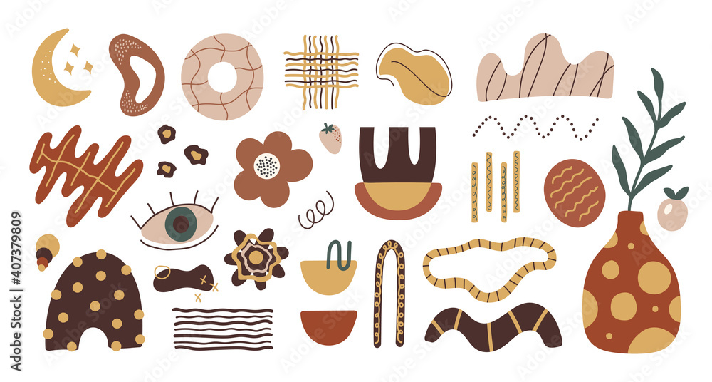 Poster vector set of abstract geometric shapes and objects on white background. trendy organic and minimali