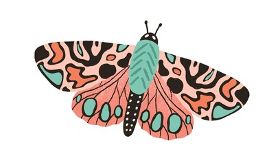 Gorgeous butterfly with bright multicolor wings and antennae isolated on white background. Beautiful flying moth. Hand drawn colored insect. Colorful flat textured vector illustration © Good Studio
