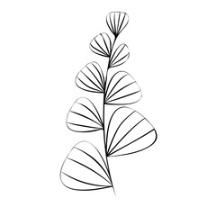 twig with leaves, stem drawn by black line with oval leaves, isolated object on white background