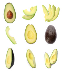 Set of ripe avocados on white background