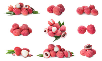 Set of delicious fresh lychees on white background