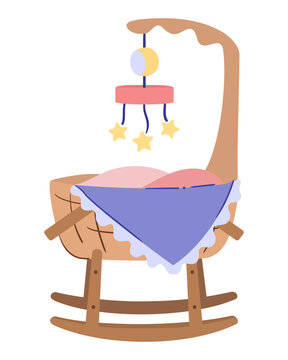 Baby Cradle On Runners, Rocking Bassinet With Mobile Toy And Blanket Corner Stick Up From Newborn Bed. Isolated Vector Illustration On White Background
