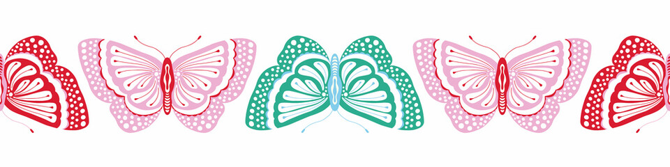 Fototapeta premium Butterfly border design, cute vector seamless repeat banner illustration of pretty insects in red, pink and green.