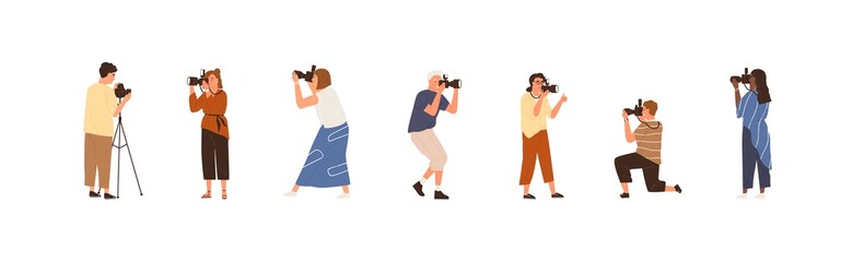 Fototapeta na wymiar Set of professional photographers or cameramen at work. Collection of creative men and women holding cameras and taking photos. People photographing. Colorful flat vector illustration