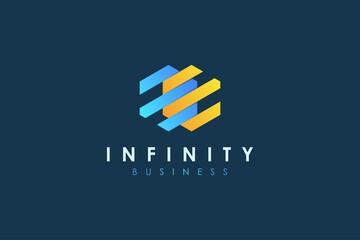 Infinity Logo. Blue and Yellow Geometric Hexagonal Striped Lines Style isolated on Dark Blue Background. Usable for Business and Technology Logos. Flat Vector Logo Design Template Element.