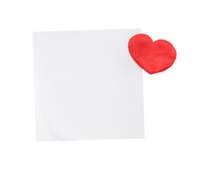 Blank card and red decorative heart on white background, top view. Valentine's Day celebration
