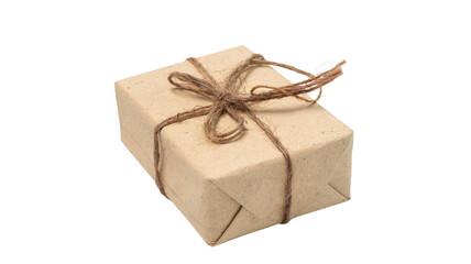 Gift box wrap with brown recycled paper and rope isolated on white with clipping path