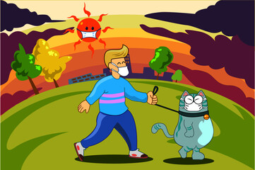 Solo outdoor activities take a cat for a walk,new normal,social distancing,Strolling in the park,cartoon character colorful,after lockdown Coronavirus outbreak and coronaviruses influenza.
