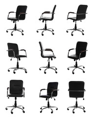 Set with black office chairs with leather seats on white background