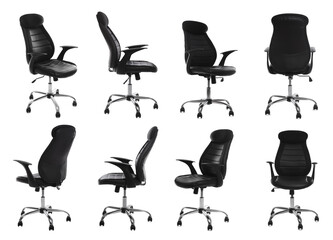 Set with black office chairs with leather seats on white background
