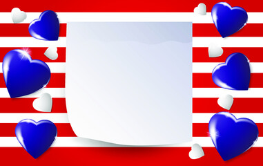 Obraz premium Volumetric blue and white 3D hearts and a realistic sheet of scrapbook on a red and white background. Colors of American Identity. Independence Day, MLK Day, George Washington Birthday, Memor