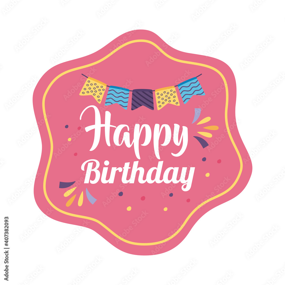 Wall mural happy birthday badge pink with garlands hanging