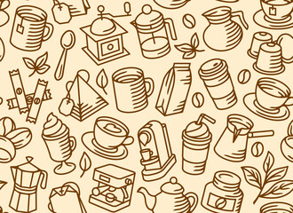 Coffee, tea and equipment vector seamless pattern suitable for cafe, coffee shops, bars, stores or restaurants