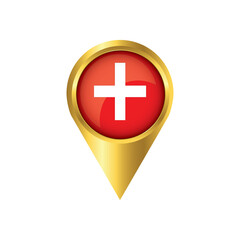 Obraz premium Flag of Switzerland.symbol check in Switzerland, golden map pointer with the national flag of Switzerland in the button. vector illustration.