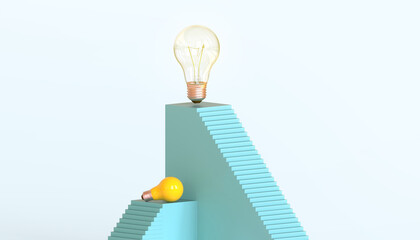 Abstract Background Creative idea inspiration Success. Minimal Bulb Stair Modern and Close up Bulb Concept on blue. Copy Space, digital banner art - 3d rendering