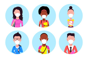 People Wearing Face Mask, Set of Icons