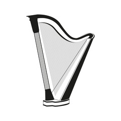 Vector black silhouette of a harp isolated on a white background.