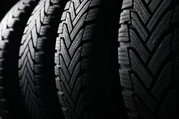 Set of new winter tires as background, closeup