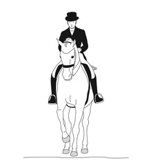 Horse dressage with rider in the dressage area, drawn from the front.