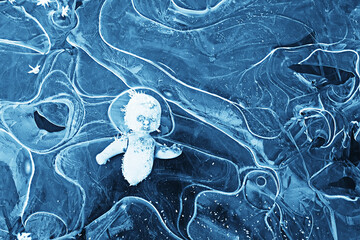 doll broken horror, winter frost ice, background fear abandoned lost child