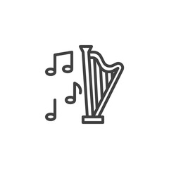 Harp music instrument line icon. linear style sign for mobile concept and web design. Harp and musical note outline vector icon. Symbol, logo illustration. Vector graphics