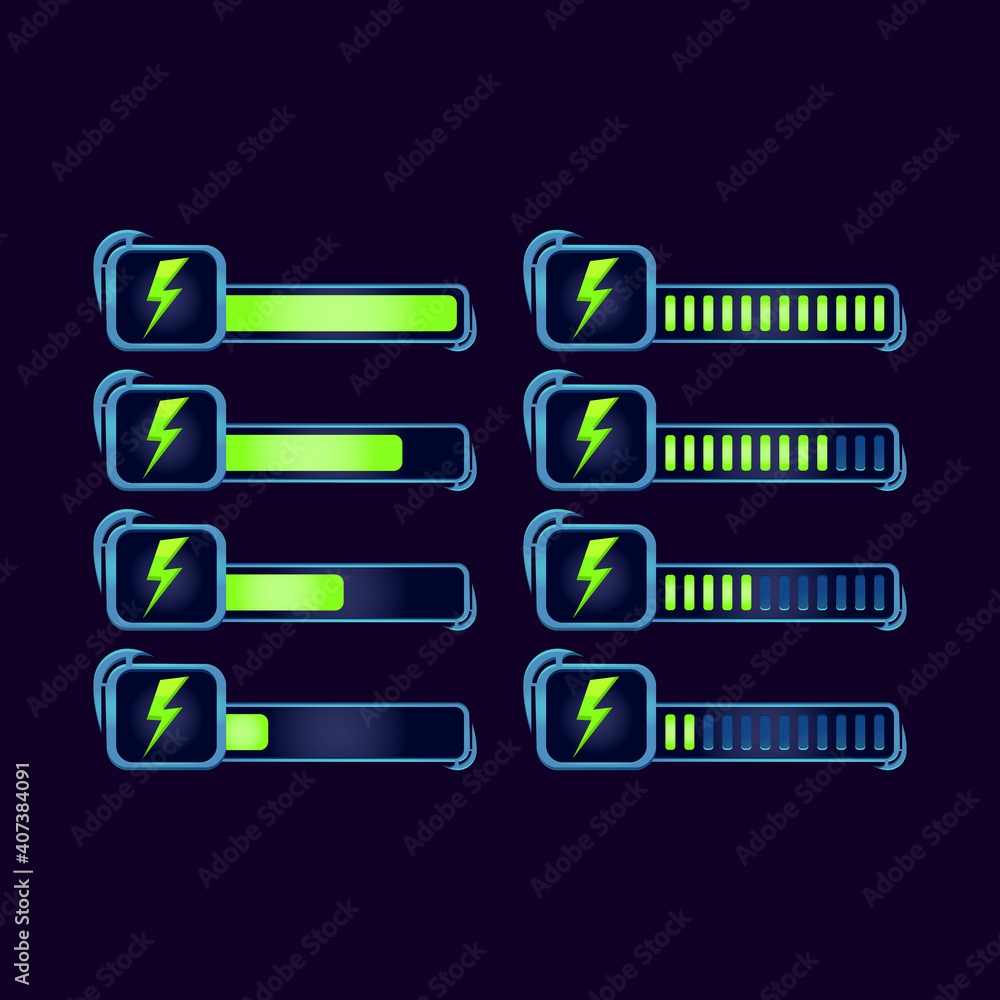 Aufkleber set of gui fantasy rpg energy stamina progress bar for game ui asset elements vector illustration