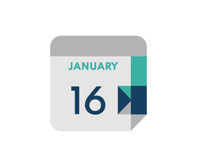 January 16 flat daily calendar date, 16 January Single Day Calendar  Icon